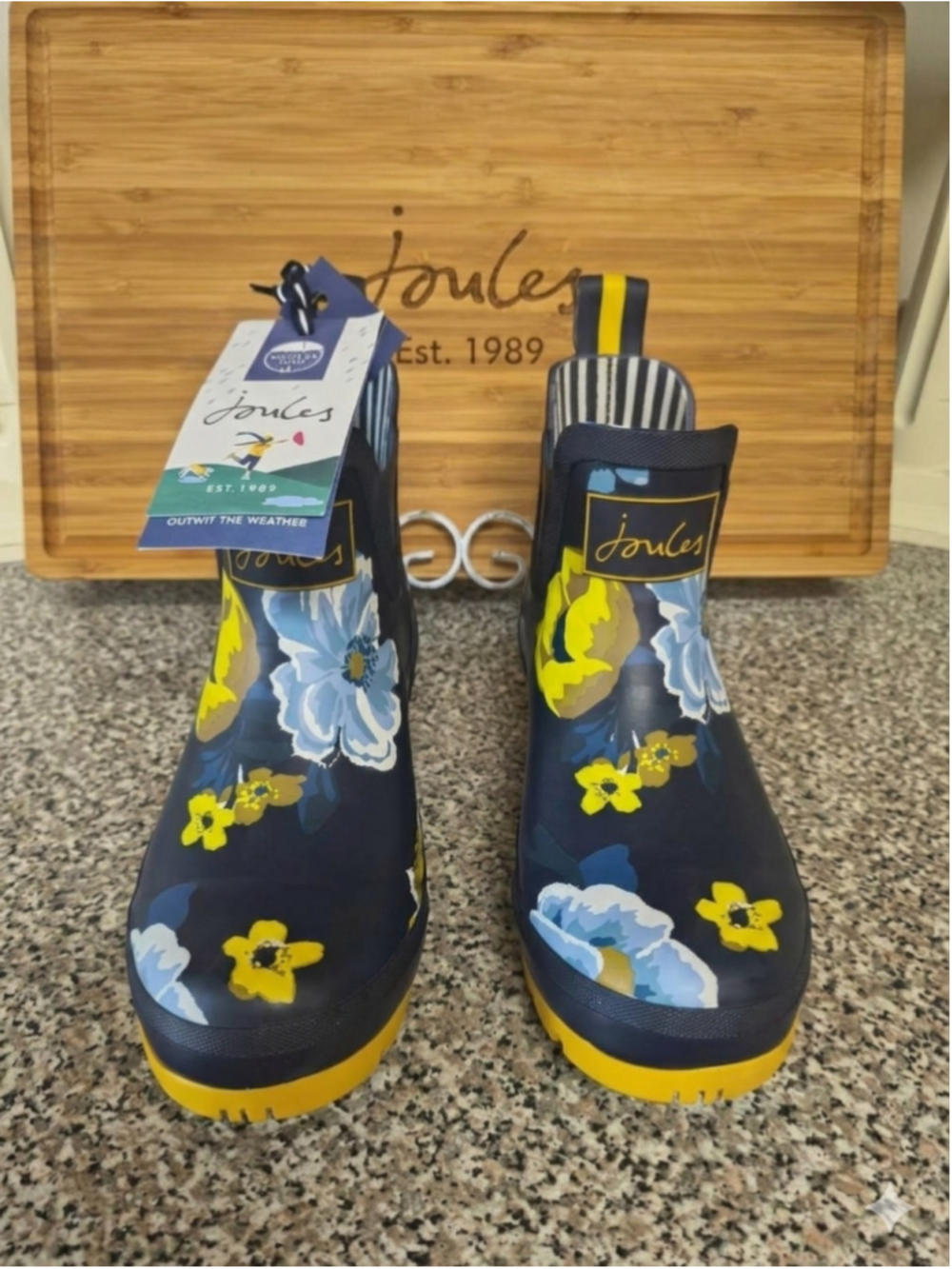 NWT Joules Wellibob Women's Ankle Rain Boots Navy Yellow Floral Size US 6 / EU 3